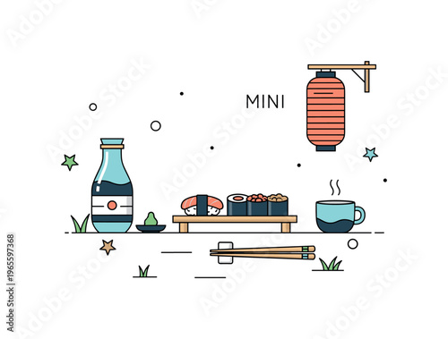 Mini Japanese picnic a tiny sushi arrangement with simple elements suggesting a calm outdoor setting. The illustration expresses harmony and minimal lifestyle