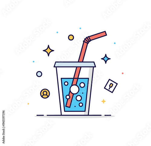 Refreshing drink moment with a straw in a soda cup and subtle sparkle elements conveying casual enjoyment and quick refreshment. Minimalist flat vector