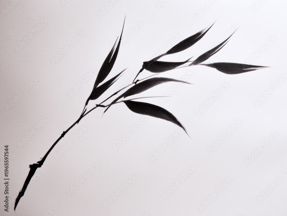 Fototapeta premium A monochrome illustration of bamboo leaves on a slender stem. Minimalist art style