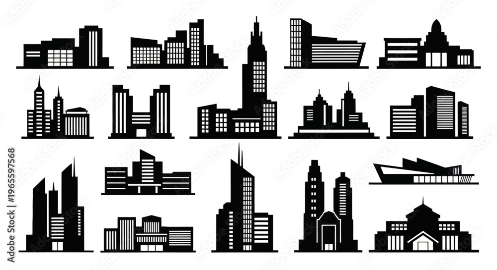 Fototapeta premium Black and White Cityscape Icons: Modern Architecture Silhouettes