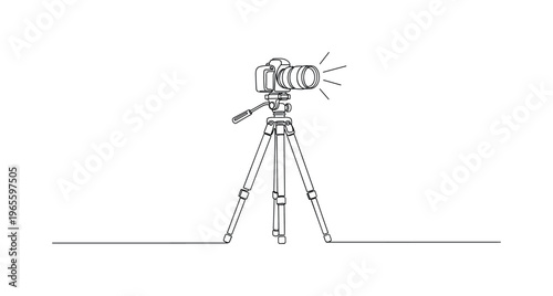 Studio Shoot Concept. Minimalistic one-line drawing tripod with mounted camera and subtle motion lines near lens, continuous single black line on white