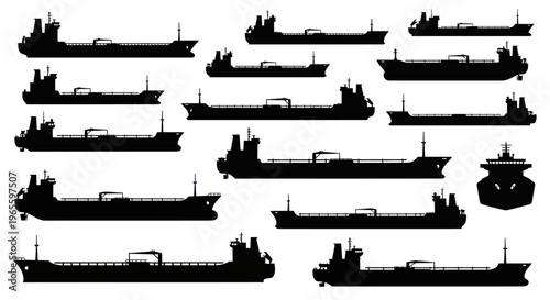 Silhouette cargo ships and tankers, vector icons, maritime industry