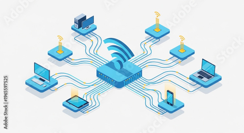 Isometric Network Connection - Devices Linked to Central Router.