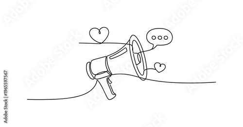 Social Media Advertising. Minimalistic one-line drawing smartphone with megaphone icon and floating heart and chat symbols, continuous single black line on