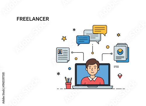 Freelancer workflow scene showing a laptop with connected icons like messages and files expressing communication, multitasking, and remote collaboration.
