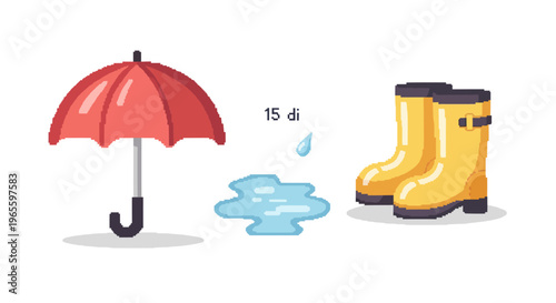 Red Umbrella, Puddle, and Yellow Boots - Flat Design Weather Icons