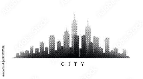 A simplified city skyline silhouette with varied building heights and ?city? subtly engraved along the base, black and white halftone illustration, strong dot