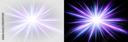 Картината върху платно Radiant purple blue starburst glow sparkle light rays explosion effect png overl