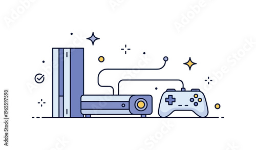 Gaming setup illustration with a console, controller, and small decorative spark elements expressing excitement, leisure, and interactive fun. Minimalist flat