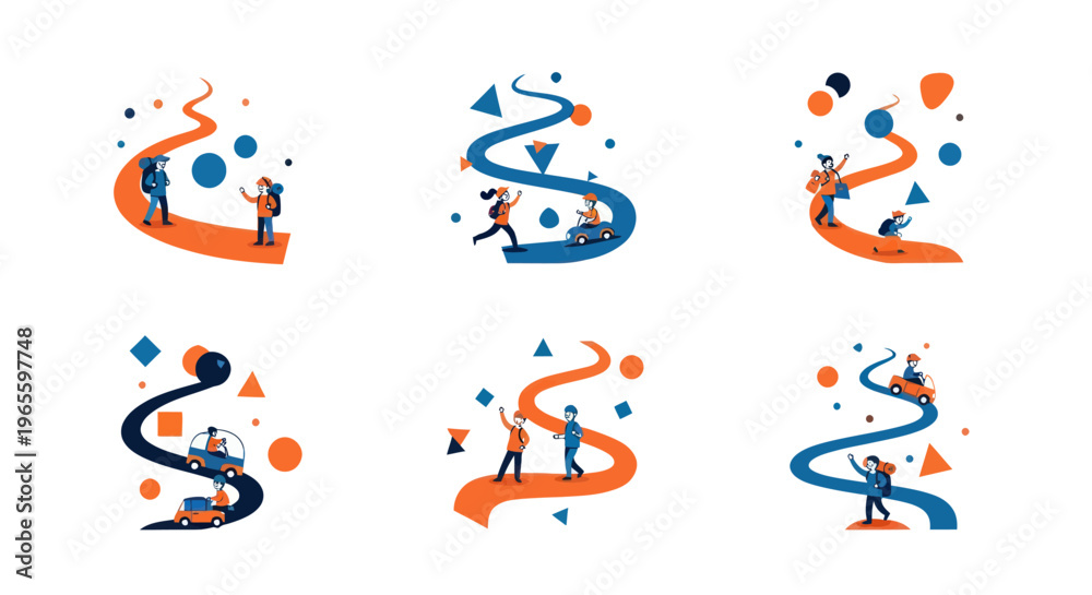 Obraz premium Flat Style Vector Art of People on Winding Roads for Travel