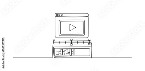 Media Post Editing Symbol. Minimalistic one-line drawing screen with video thumbnail above simplified timeline strip in balanced layout, continuous single