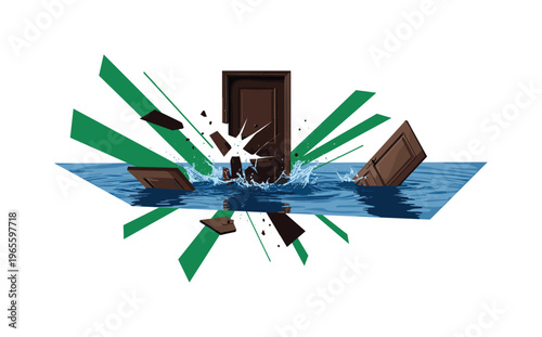 fragmented door breaking through water surface, green geometric shapes and sharp lines slicing through composition, flat colors and strong contrast, conceptual