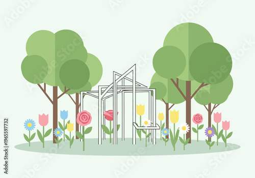 Modern Greenhouse Structure Amidst Blooming Flowers and Lush Trees.