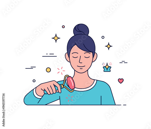 Personal care ritual concept with a person using a roller calmly with small spark accents expressing relaxation, mindfulness, and self care. Minimalist flat