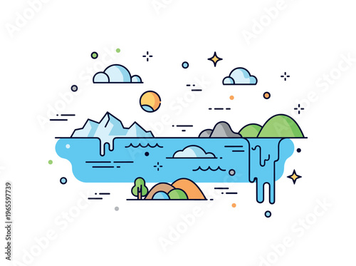 Global warming ecosystem shift scene featuring melting ice, rising water levels, and simplified land forms expressing climate pressure and habitat change.