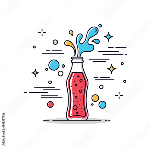 Soft drink splash concept centered on a bottle with liquid splash and bubble elements conveying motion, taste, and refreshment. Minimalist flat
