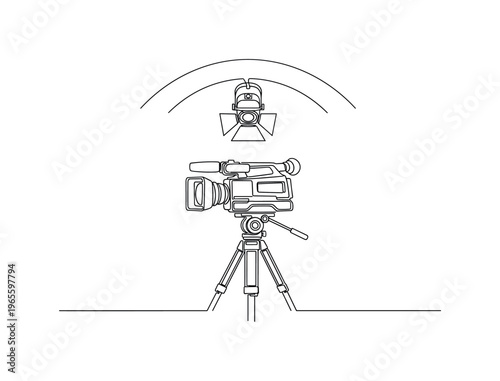 Professional Video Recording Idea. Minimalistic one-line drawing camera silhouette secured on tripod with minimal spotlight arc above, continuous single black