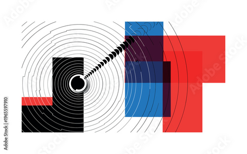 analog communication waves with bold color blocks, black and white wave emitter cut-out with white outline, concentric signal waves intersected by large