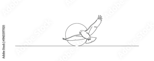 Bright Horizon. Minimalistic one-line drawing a bird flying across a sun with a subtle horizon line, continuous single black line on white background, simple