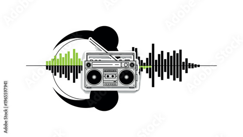 retro boombox playing music with visualized frequency shapes, monochrome device paired with bold circular forms and linear bars, layered cut-out effect with