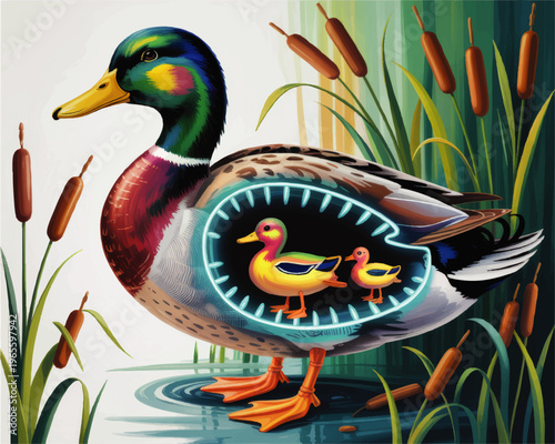 Colorful mallard duck illustration with glowing x ray view of ducklings inside, vibrant wetland reeds, modern nature wildlife art