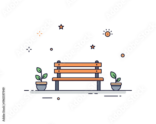Park relaxation spot a small bench with minimal plant accents and clean spacing suggesting a quiet place to sit. The composition highlights calmness and