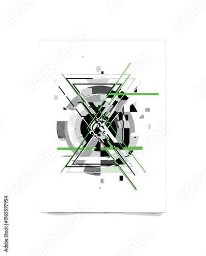 distorted analog noise with fragmented geometric layers, monochrome surface broken by sharp triangles and circular fragments, glitch lines intersecting