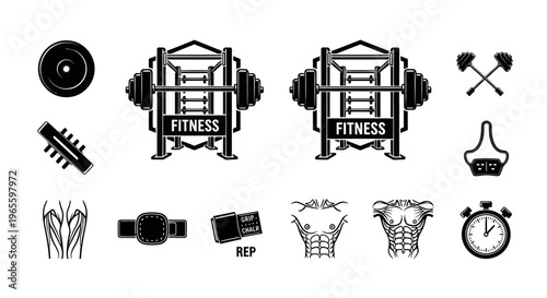 Fitness Gym Equipment and Bodybuilding Icons Black and White Vector Set