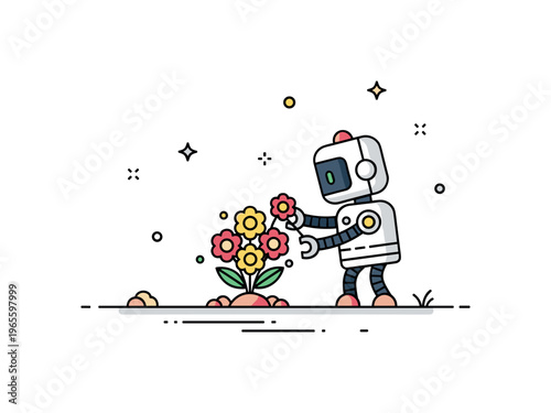 Tiny tech nature moment a small robot collecting flowers into a neat cluster with minimal ground detail and soft shadows. The scene expresses care, curiosity,