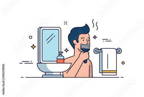 Bathroom grooming scene showing a person shaving with a mirror, towel, and subtle steam accents conveying cleanliness, comfort, and routine self