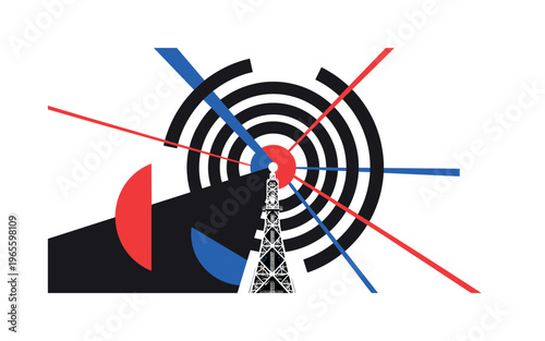 radio tower with signal arcs radiating outward, black and white antenna tower cut-out with white outline, bold concentric arcs expanding in layered