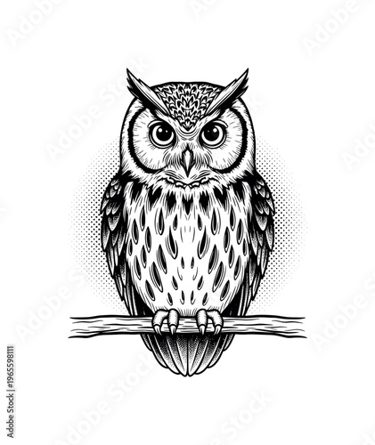 A front-facing owl perched on a simple branch with symmetrical engraved detailing and halftone gradients, black and white illustration, classic editorial print