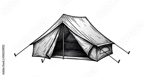 A tent with a partially open flap revealing minimal interior shadow, engraved-style lines with halftone gradients, black and white illustration, classic print