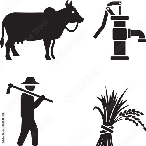 Farming icons: cow, farmer with hoe, water pump, rice harvest vector illustration