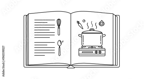 A minimalist vector illustration of an open cookbook with a pot on the stove and kitchen utensils