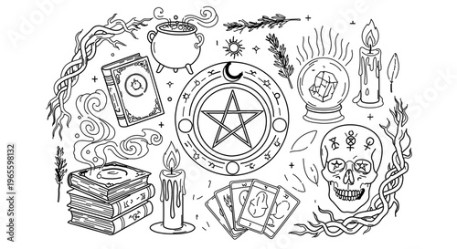 A mystical vector illustration of occult symbols and objects for magical and spiritual concepts