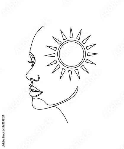 Solar Beauty. Minimalistic one-line drawing a woman face with a sun positioned beside her profile, continuous single black line on white background, simple