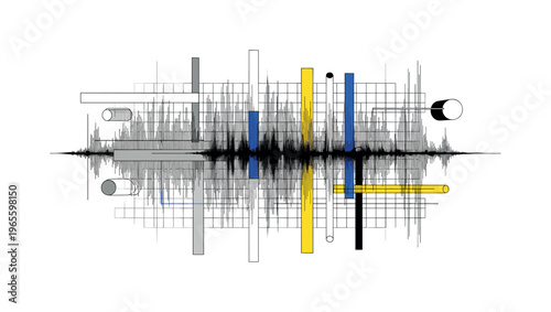 analog transmission waves with structured textured layout, black and white wave lines paired with grid systems and floating rectangles, cylinders and circles