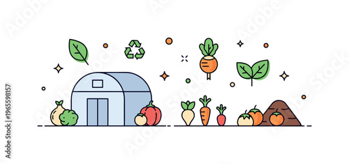 Sustainable food growing concept with a greenhouse, vegetables, and leaf icons conveying eco friendly farming and fresh produce. Minimalist flat vector