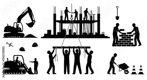 Construction Site Silhouettes: Workers, Excavator, Building, Bricklaying, Wheelbarrow