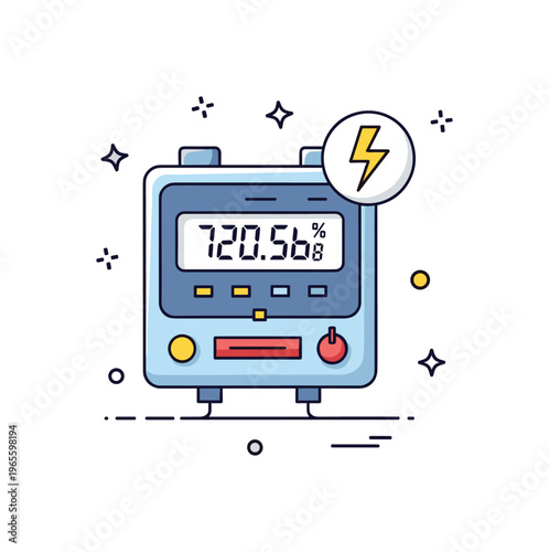 Electricity usage meter concept with a digital meter display showing energy numbers and a small lightning bolt icon conveying monitoring, consumption, and