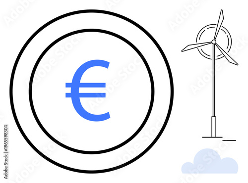 Renewable energy, green economy, financial growth, sustainability, clean energy, economic impact. Euro symbol within a circle and a wind turbine with clouds. Renewable energy and green economy
