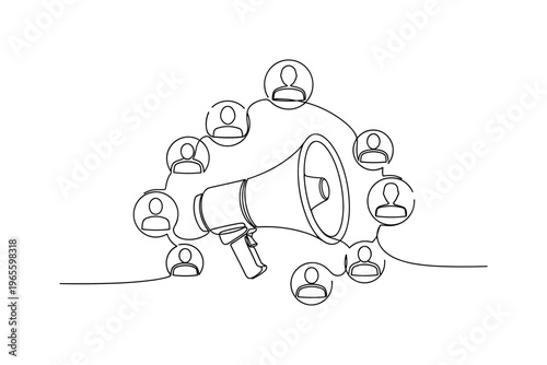 Audience Engagement Scene. Minimalistic one-line drawing megaphone with abstract user profile icons around, continuous single black line on white background,