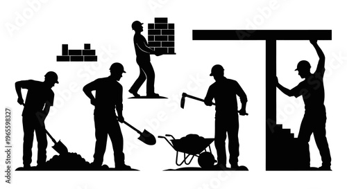 Construction Worker Silhouettes: Building, Digging, Moving Bricks, Wheelbarrow