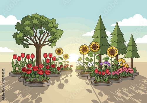 Vibrant Garden Landscape with Diverse Flora and Trees.