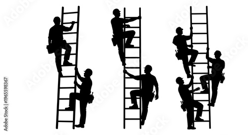Construction worker silhouette climbing ladder, black and white vector art