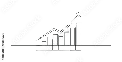Revenue Increase Concept. Minimalistic one-line drawing simple graph grid with ascending bars and arrow line, continuous single black line on white background,