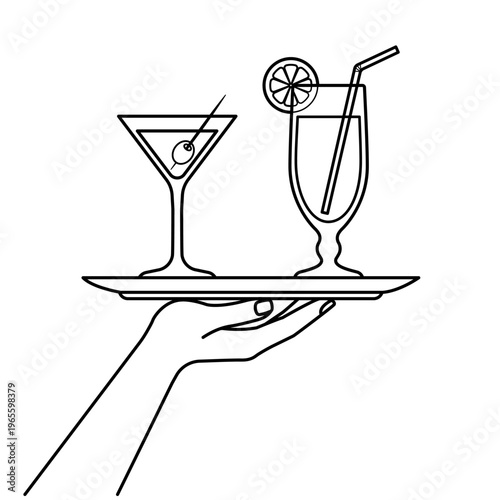 waiter hand holding drinks on tray outline icon