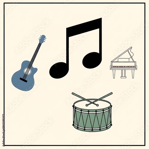 Music instruments and notes icons.