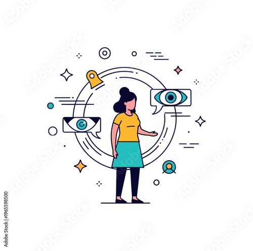 Future women in technology scene with a female figure and abstract digital elements expressing progress, vision, and modern technological growth. Minimalist
